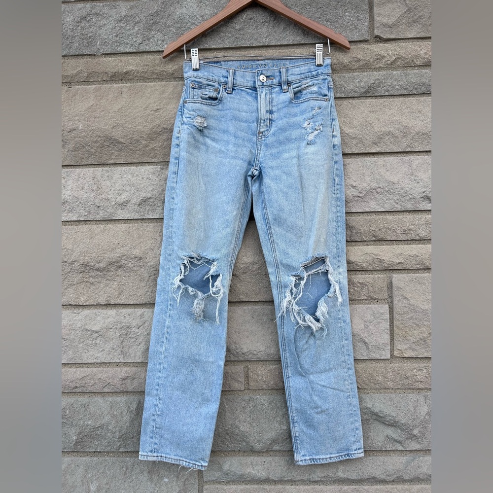 American Eagle Super High Rise Ankle Straight Distressed Denim Jeans Size 00